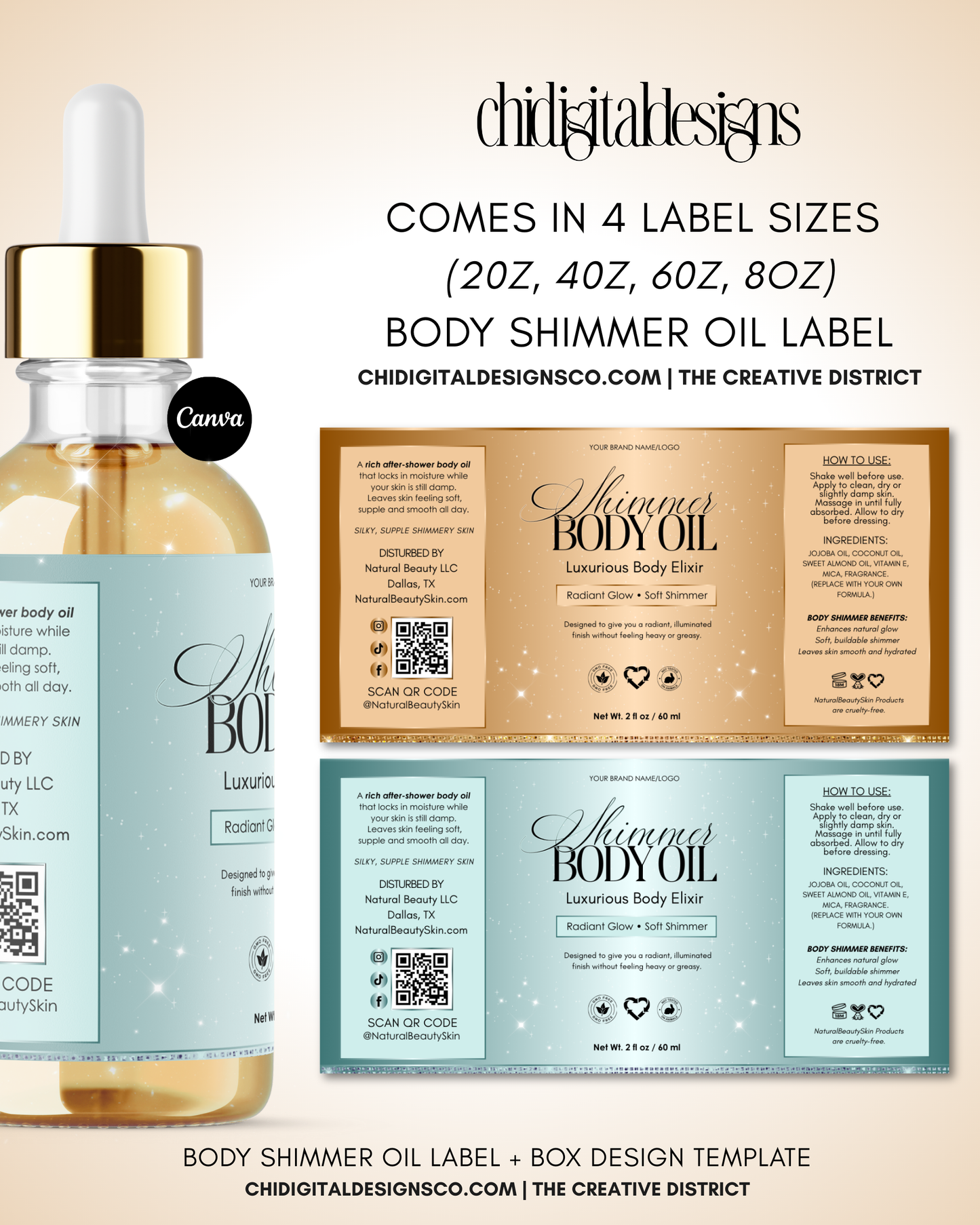 Luxury Rose Gold Body Oil Label & Box Template for Beauty Brands