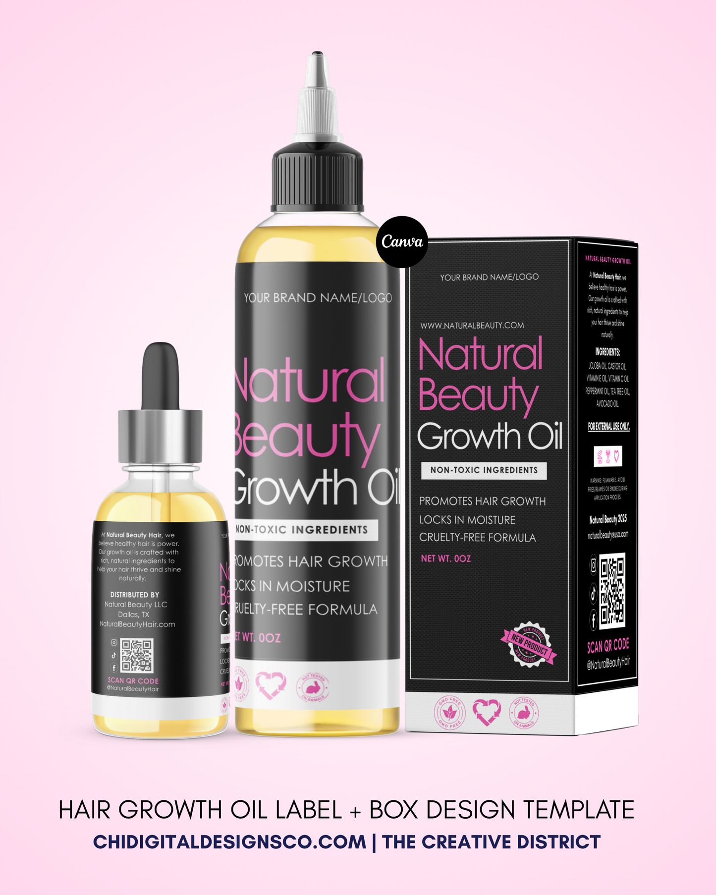 Hair Growth Oil Label + Box Template Design (2 oz–8 oz)