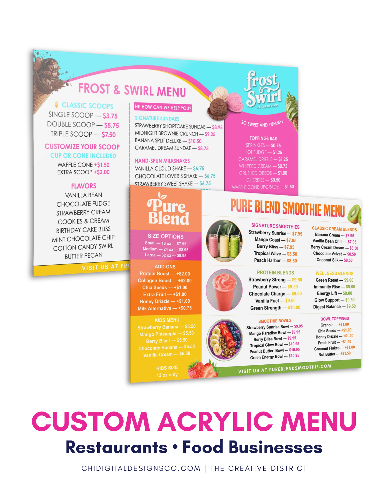 Colorful custom acrylic menu for Frost & Swirl ice cream shop with various flavors and smoothie options.