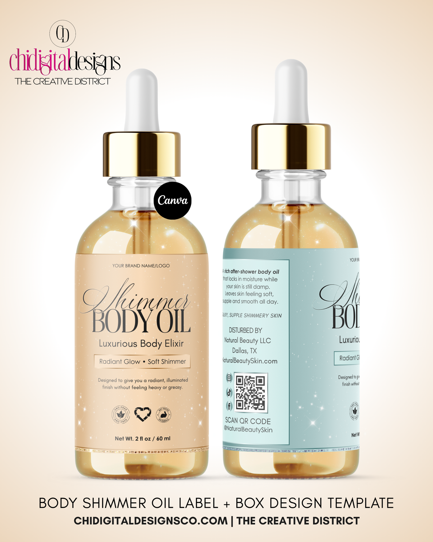Luxury Rose Gold Body Oil Label & Box Template for Beauty Brands