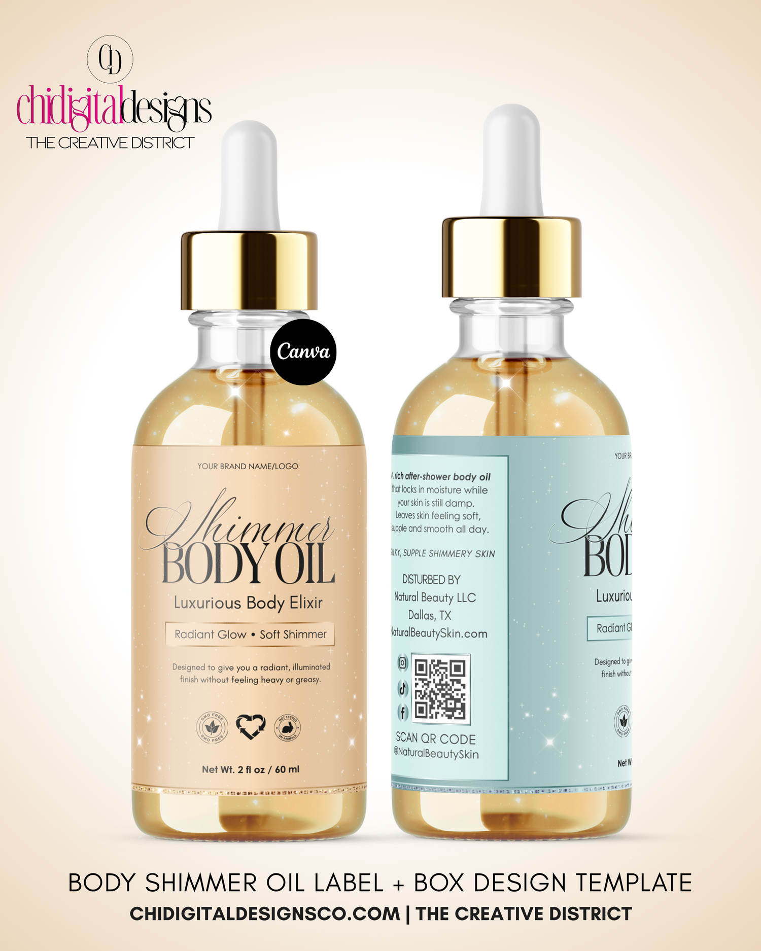 Luxury Rose Gold Body Oil Label & Box Template for Beauty Brands