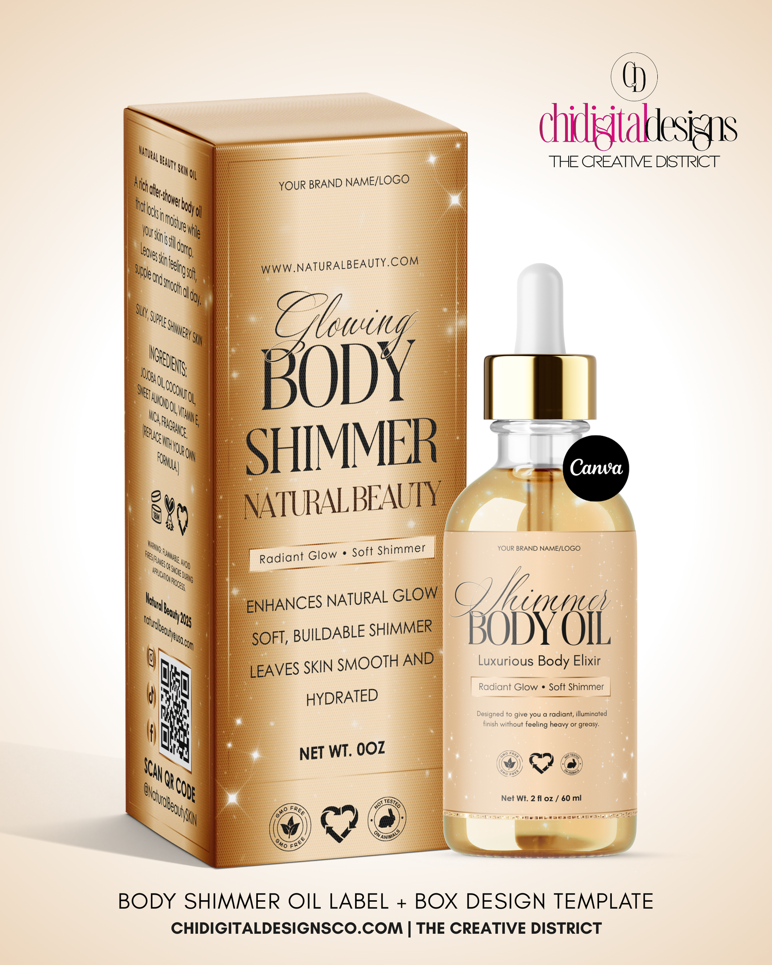 Luxury Rose Gold Body Oil Label & Box Template for Beauty Brands