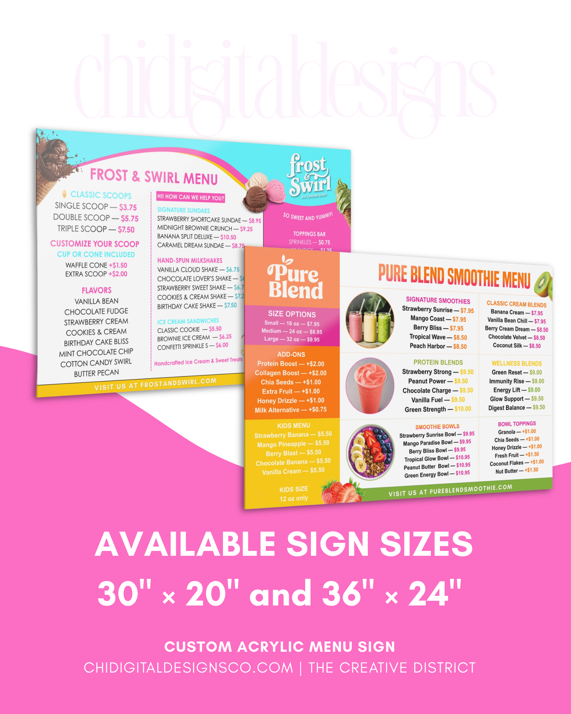 Custom multi-layered large format acrylic food and smoothie restaurant menu signs in 30x20 and 36x24 inches by Chi Digital Designs